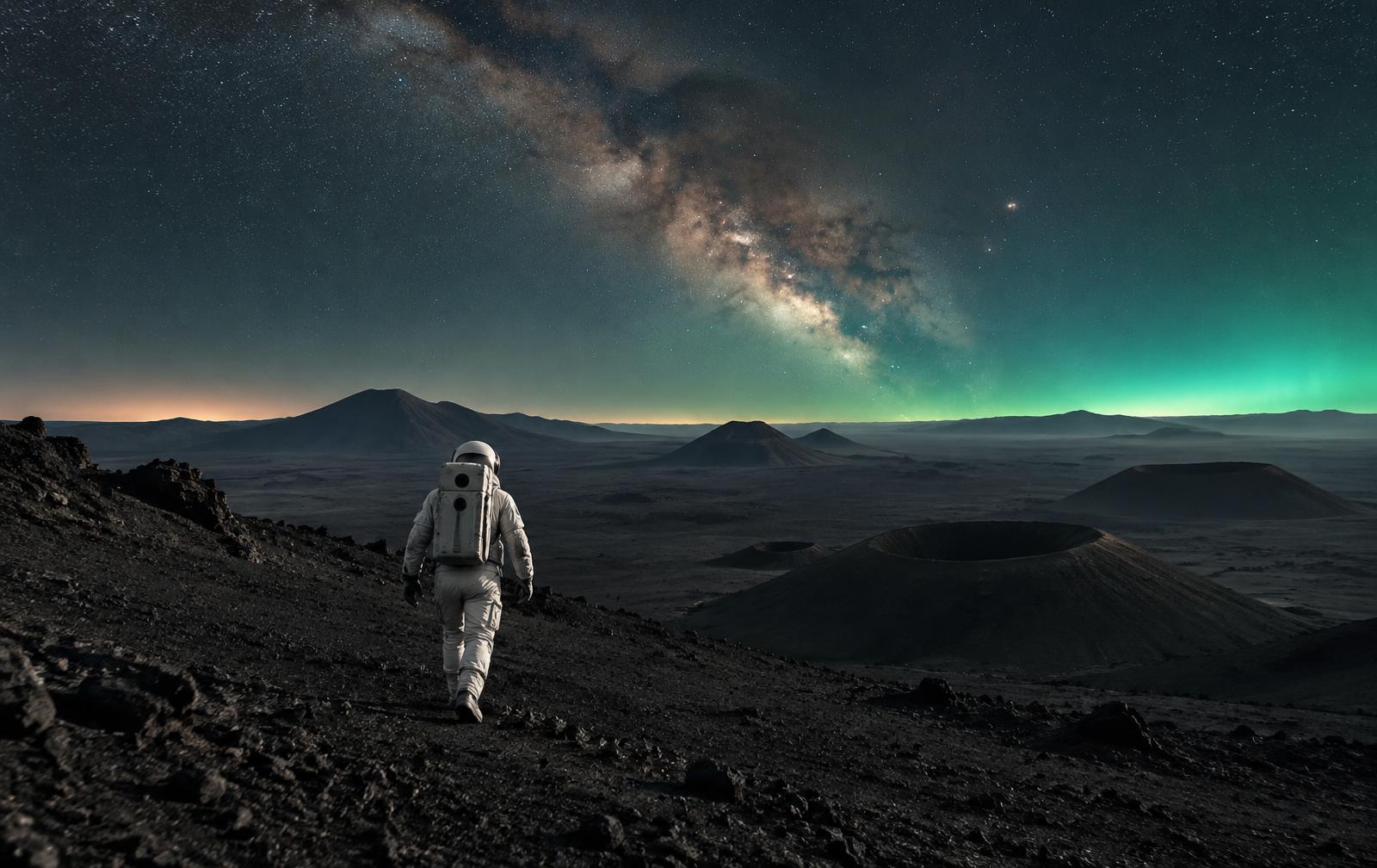 Astronauta análogo caminando entre cráteres volcánicos bajo la Vía Láctea