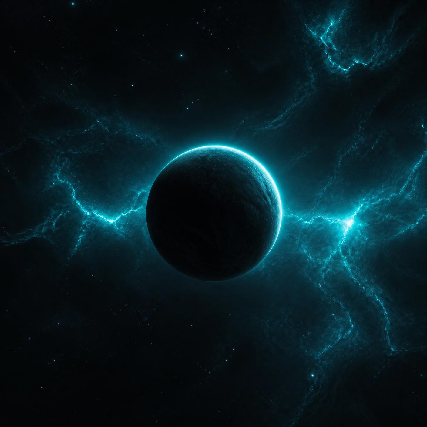 Dark planet lit by a teal nebula